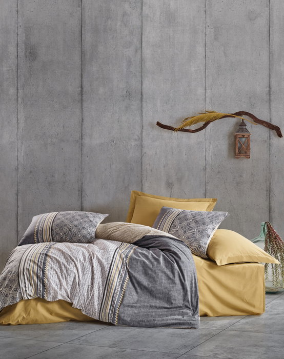 L'essentiel linge de maison Nedra - Juego de funda de edredón doble ranforce Gris, mostaza y blanco L'essentiel linge de maison Nedra - Juego de funda de edredón doble ranforce Gris, mostaza y blanco
